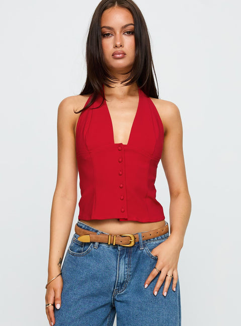 front view of model wearing Princess Polly Serefina Halter Top Red Sleeveless Plunger 