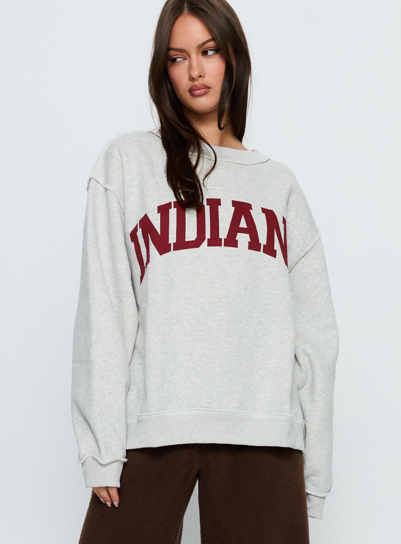 front view of model wearing Princess Polly When In Indiana Jumper Grey 