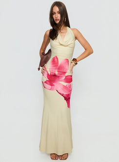 Raleina Halter Cowl Neck Maxi Dress Lemon Floral