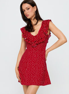 side view of model wearing Princess Polly Cherry Schnapps Flutter Mini Dress Red Polka V-Neck 