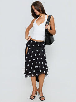 Dulciana High Split Asymmetrical Midi Skirt Black / Polka Dot