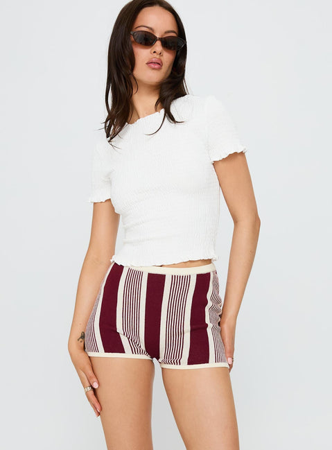 front view of model wearing Princess Polly Annisten Knit Shorts Red / Cream Stripe High Waisted Shorts 