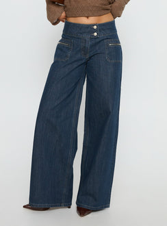 Unwritten Mid Rise Wide Leg Jeans Dark Blue Wash Tall