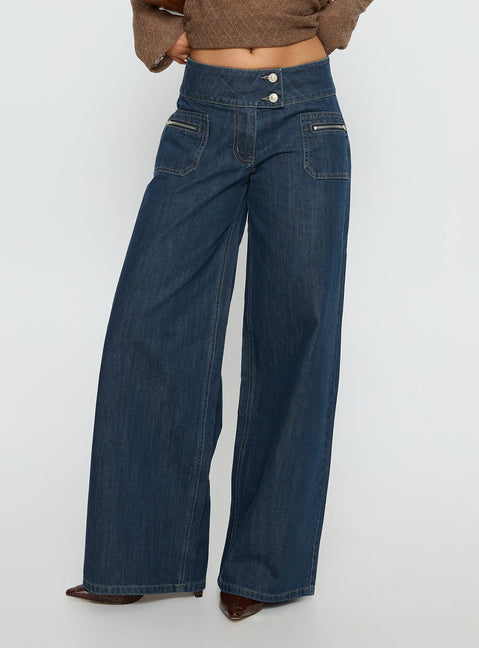 Unwritten Mid Rise Wide Leg Jeans Dark Blue Wash Tall