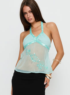 Celsea Beaded Sheer Cami Top Aqua