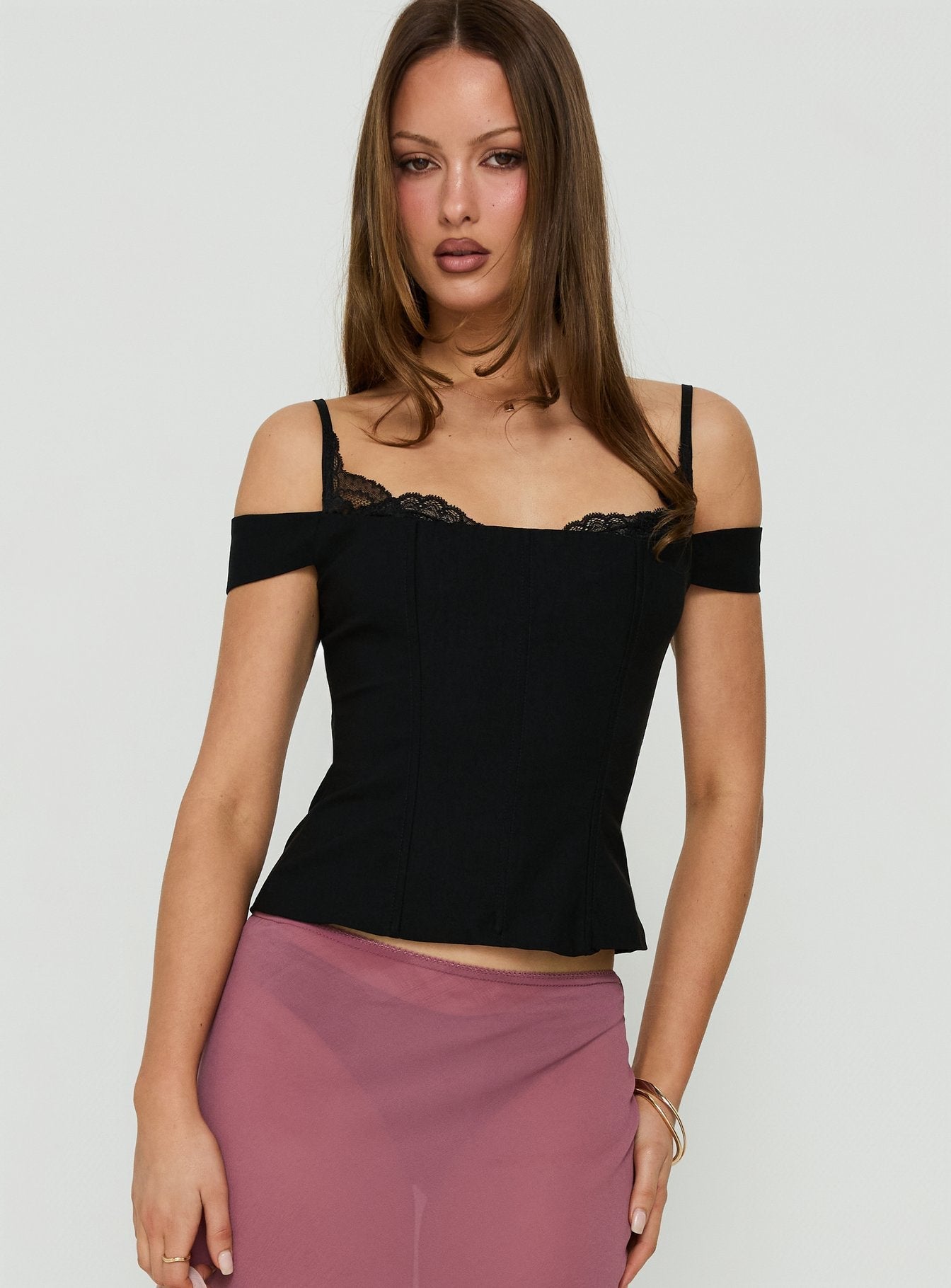 Anikka Off Shoulder Lace Detail Corset Top Black