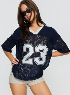 Lucky 23 Lace Jersey Graphic Top Navy