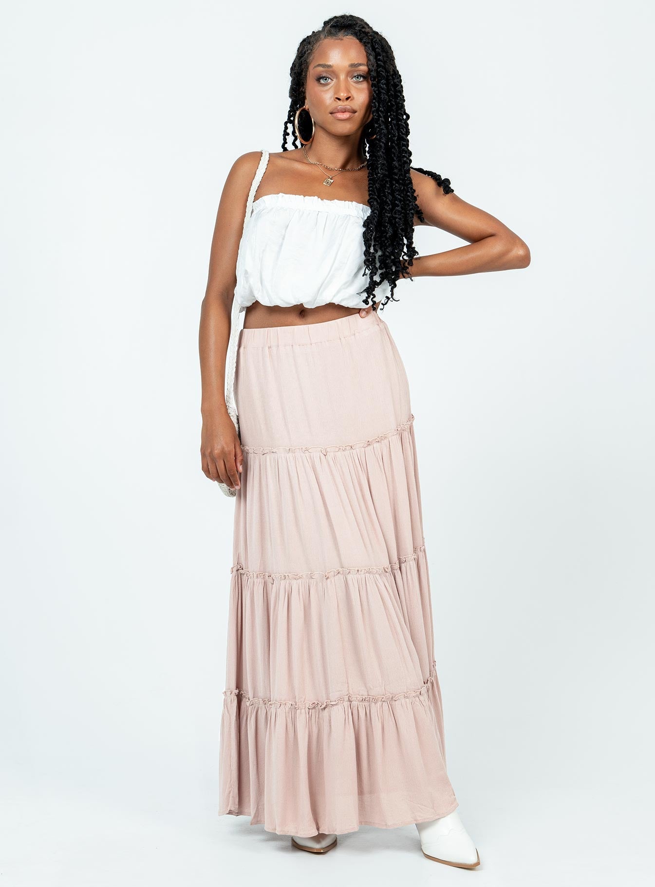   front view of model wearing Princess Polly Miriah Maxi Skirt Beige Maxi 