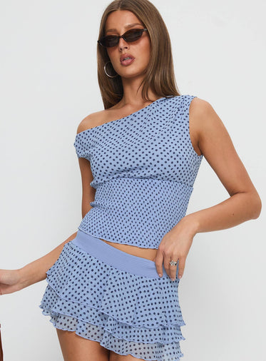 Ready To Party Off Shoulder Top Blue Polka