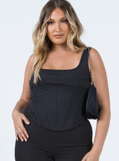 front view of model wearing Princess Polly Normani Top Black Sleeveless Square Neck 
