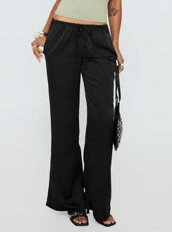 front view of model wearing Princess Polly Vanille Tie Waist Satin Pants Black Low Rise Pants 
