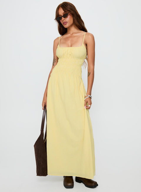 front view of model wearing Princess Polly Magnolie Shirred Maxi Dress Yellow Stripe Square Neck 