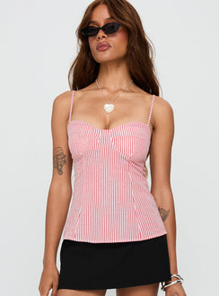 side view of model wearing Princess Polly In Your Palm Top Red Stripe Sleeveless Sweetheart 