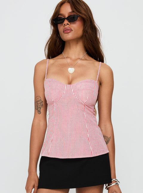 side view of model wearing Princess Polly In Your Palm Top Red Stripe Sleeveless Sweetheart 