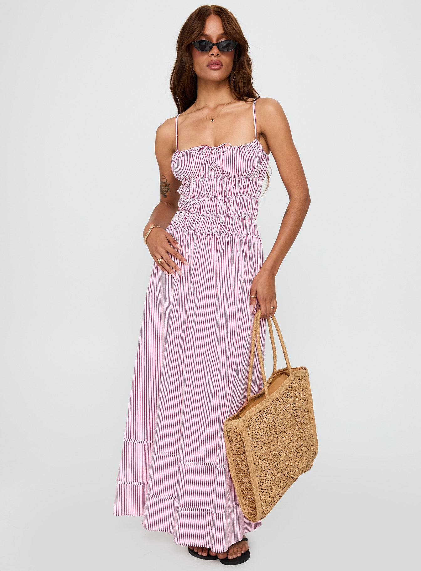 front view of model wearing Princess Polly Loralei Shirred Maxi Dress Red Stripe Square Neck 