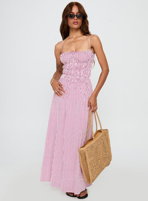 front view of model wearing Princess Polly Loralei Shirred Maxi Dress Red Stripe Square Neck 