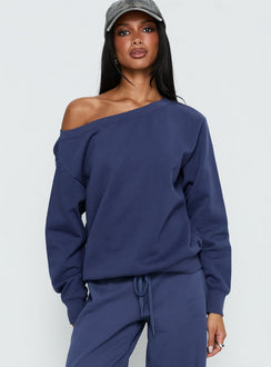 front view of model wearing Princess Polly Wellness Off the Shoulder Jumper Navy 