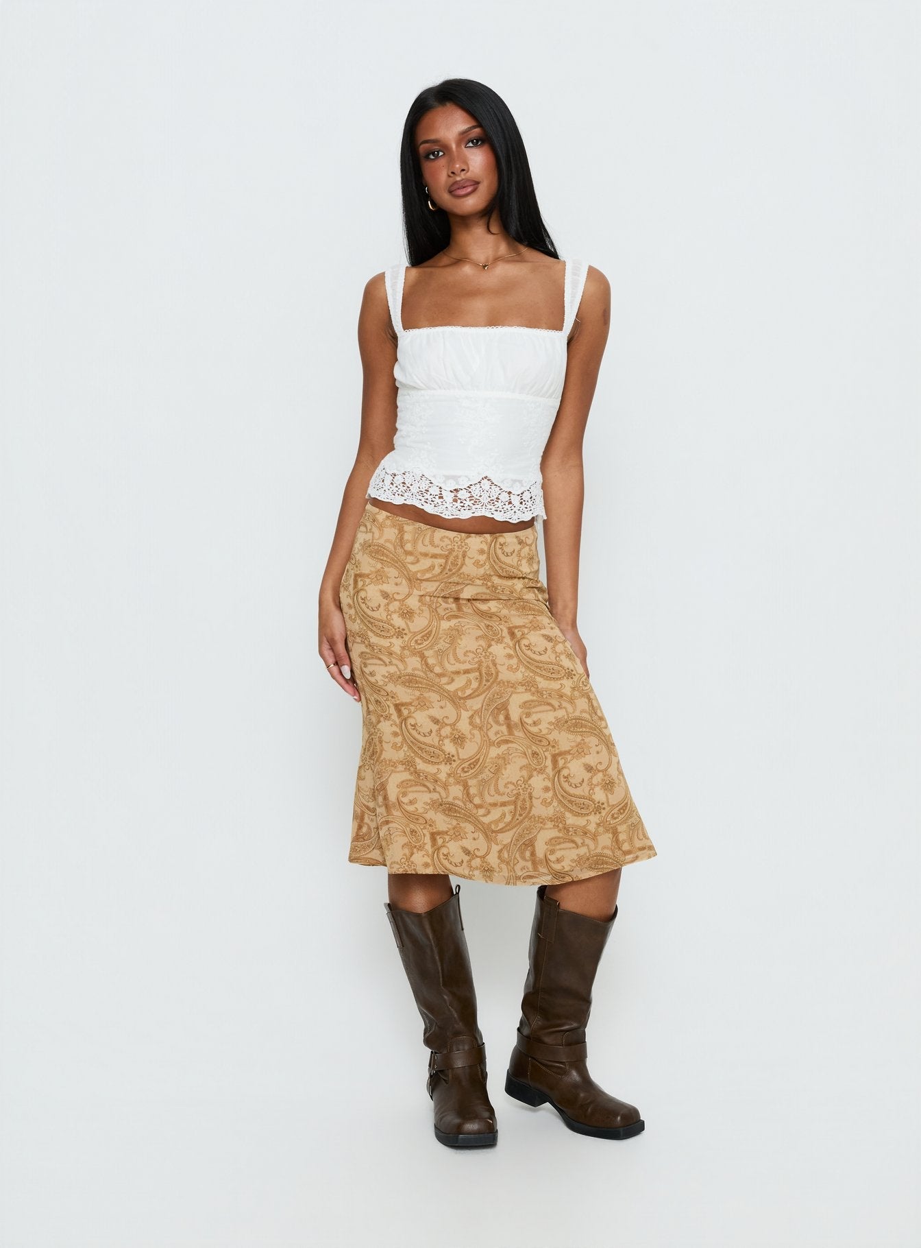   front view of model wearing Princess Polly Moses Midi Skirt Paisley Midi Skirts 