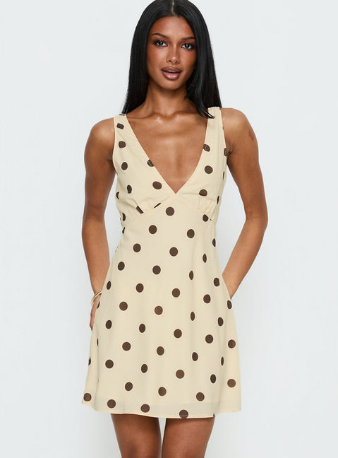 Nellie Mini Dress Lemon / Brown Polka Dot