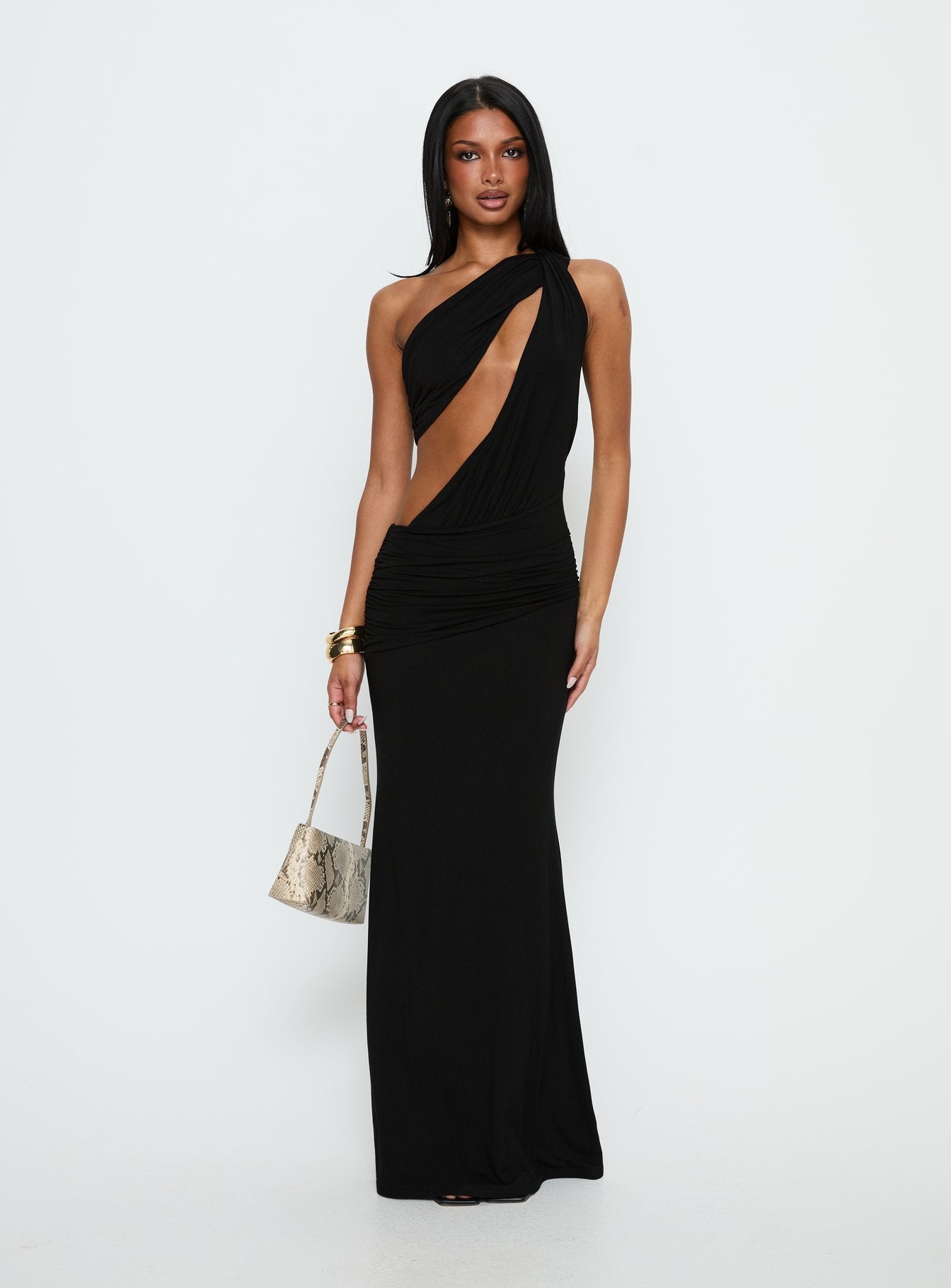 ワンピース Bicolor Draped Dress Loletta Draped One Shoulder Maxi Dress Black | Princess Polly
