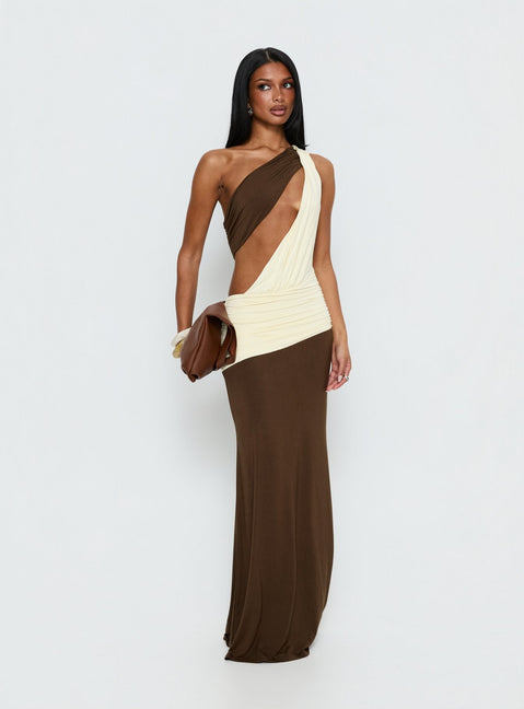 Loletta Draped One Shoulder Maxi Dress Chocolate / Yellow | Princess Polly Loletta Draped One Shoulder Maxi Dress Chocolate / Yellow | Princess Polly