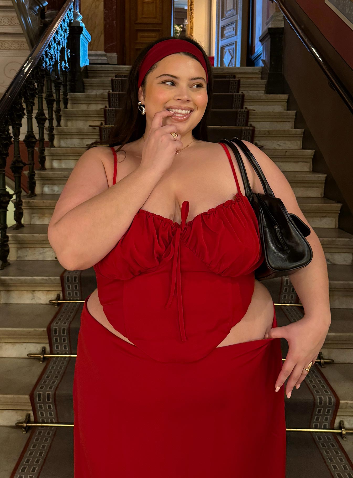 front view of model wearing Princess Polly Orianne Corset Top Red Curve Sleeveless Sweetheart 