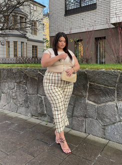 side view of model wearing Princess Polly Euros Pants Yellow Check Curve 