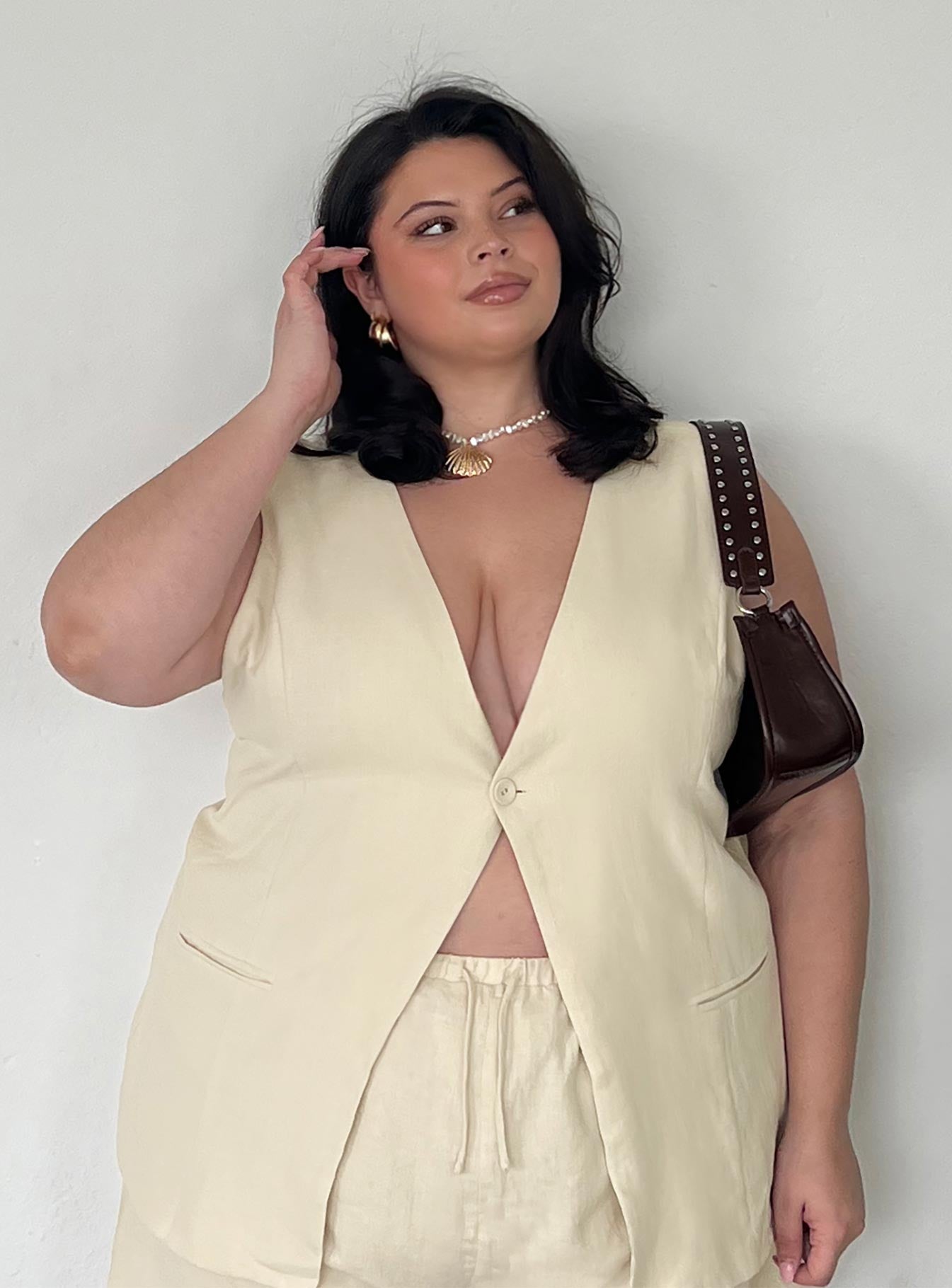 front view of model wearing Princess Polly Days With You Linen Blend Vest Top Sand Curve Sleeveless V-Neck 