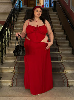   front view of model wearing Princess Polly Orianne Maxi Skirt Red Curve 