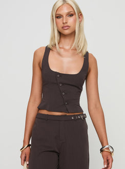 front view of model wearing Princess Polly Airi Top Brown Sleeveless Scoop Neck 