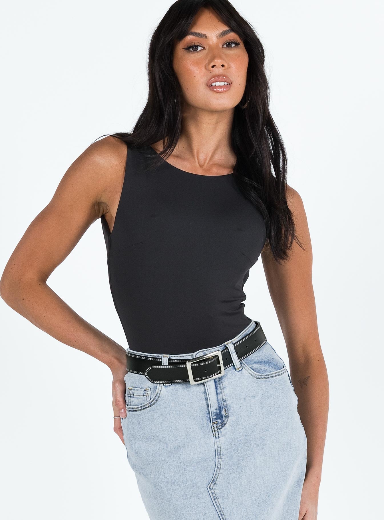 front view of model wearing Princess Polly Beresford Bodysuit Black Sleeveless Scoop Neck 