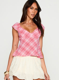front view of model wearing Princess Polly Jazz Club Top Pink Check Short Sleeves Plunger 
