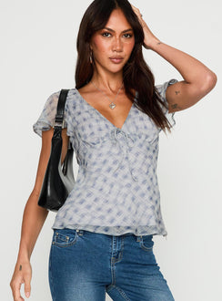 front view of model wearing Princess Polly My Last Love Top Blue Check Short Sleeves Plunger 