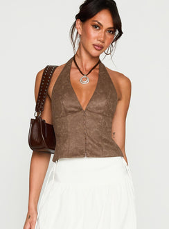 front view of model wearing Princess Polly Down The Line Halter Top Brown Sleeveless Plunger 