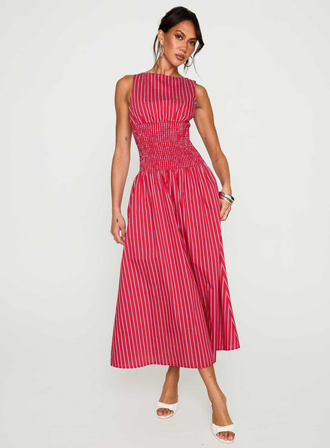 front view of model wearing Princess Polly Lilienne Cotton Poplin Maxi Dress Red Stripe Crew Neck 