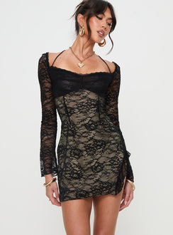 side view of model wearing Princess Polly Aubriella Lace Mini Dress Black Square Neck 