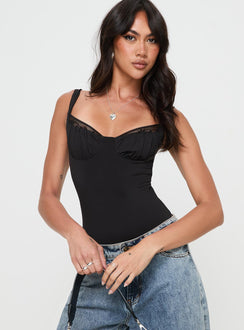 front view of model wearing Princess Polly Peekaboo Bodysuit Black Sleeveless 