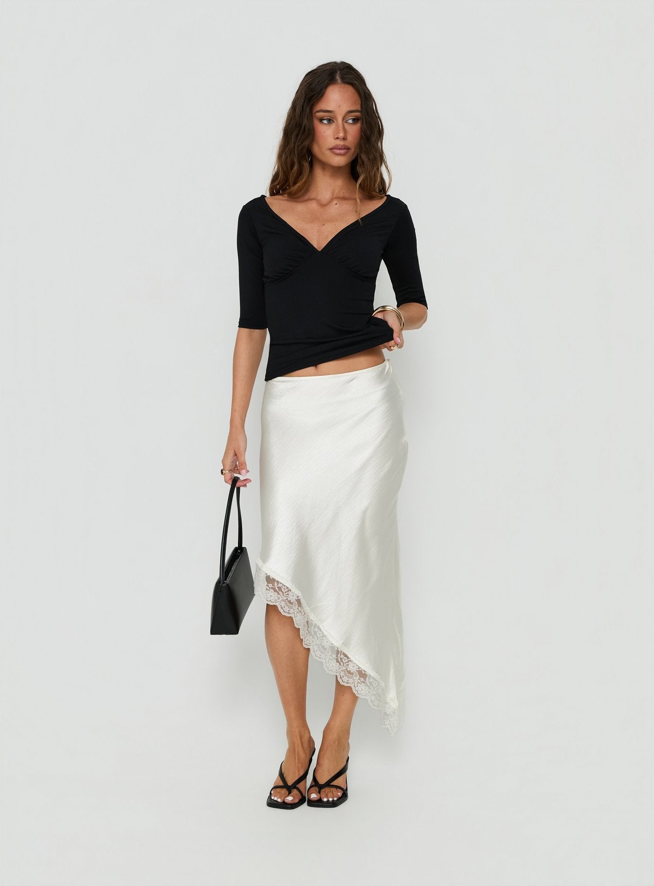 Koletta Asymmetrical Lace Trim Satin Midi Skirt Ivory