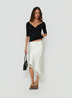 Koletta Asymmetrical Lace Trim Satin Midi Skirt Ivory