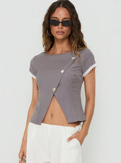 Margherite Asymmetrical Button Detail Short Sleeve Top Grey Stripe