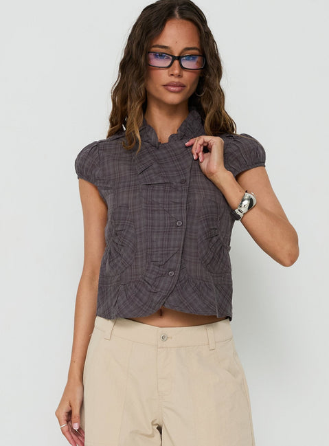 Aryalda Cap Sleeve Blouse Top Navy Check