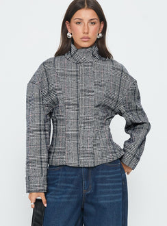 Cathrine Cinched High Neck Jacket Grey Plaid