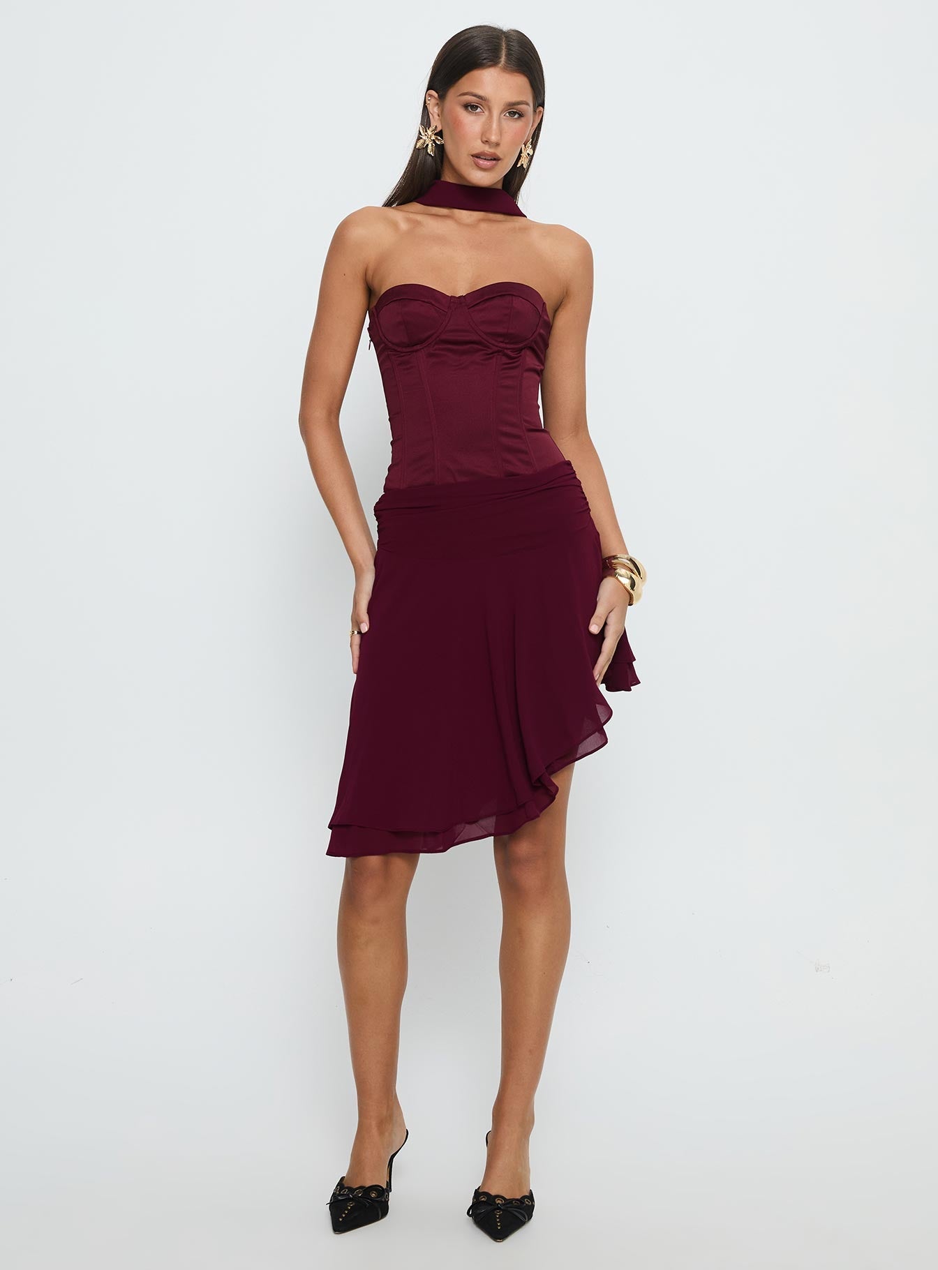 Rhythms Scarf Detail Midi Dress Wine