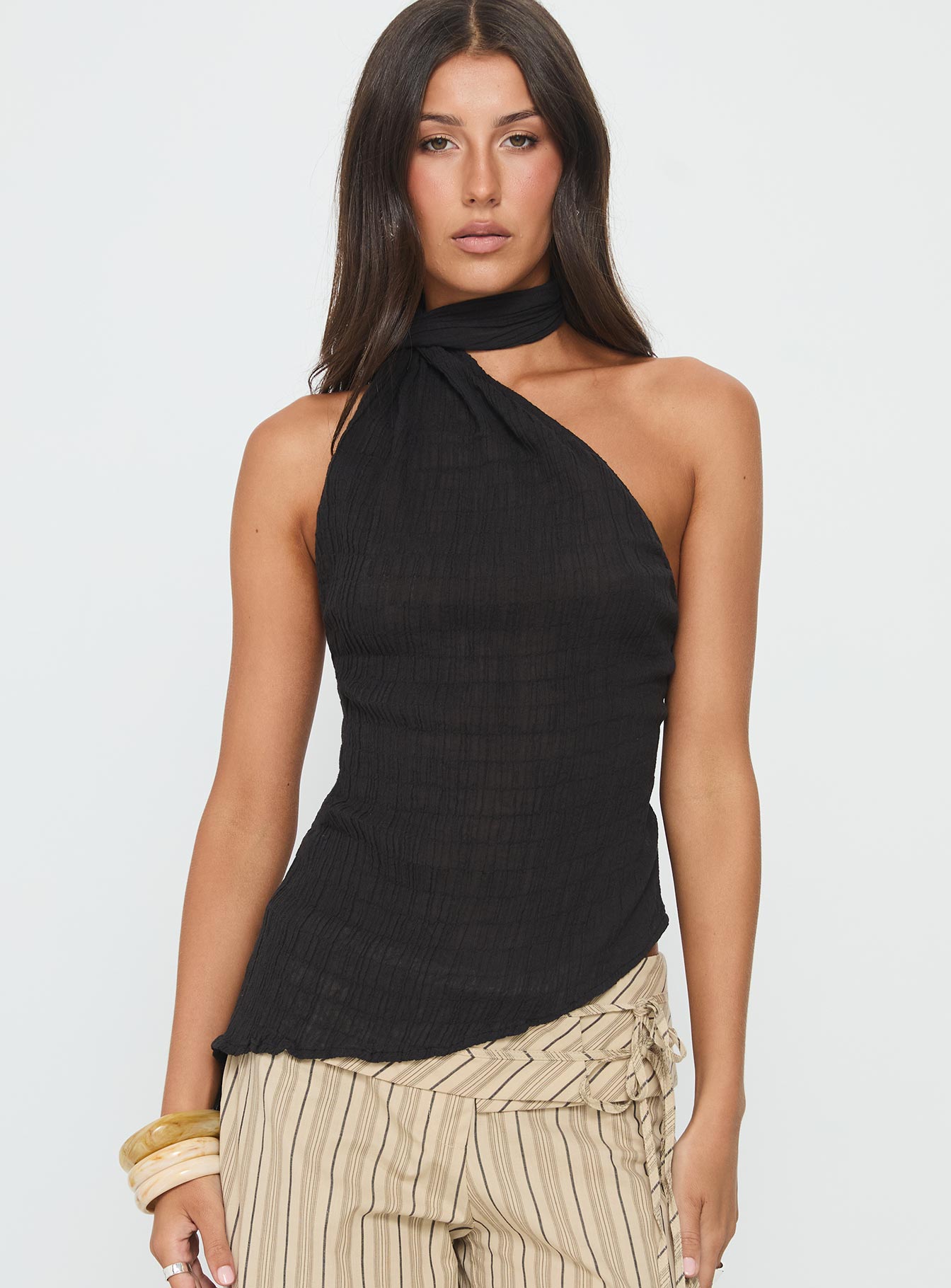 Yaleina One Shoulder Tie Scarf Top Black