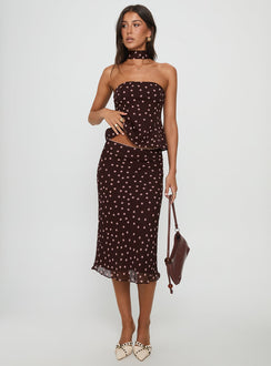   front view of model wearing Princess Polly Sydni Midi Bias Cut Skirt Chocolate / Pink Polka Midi Skirts 