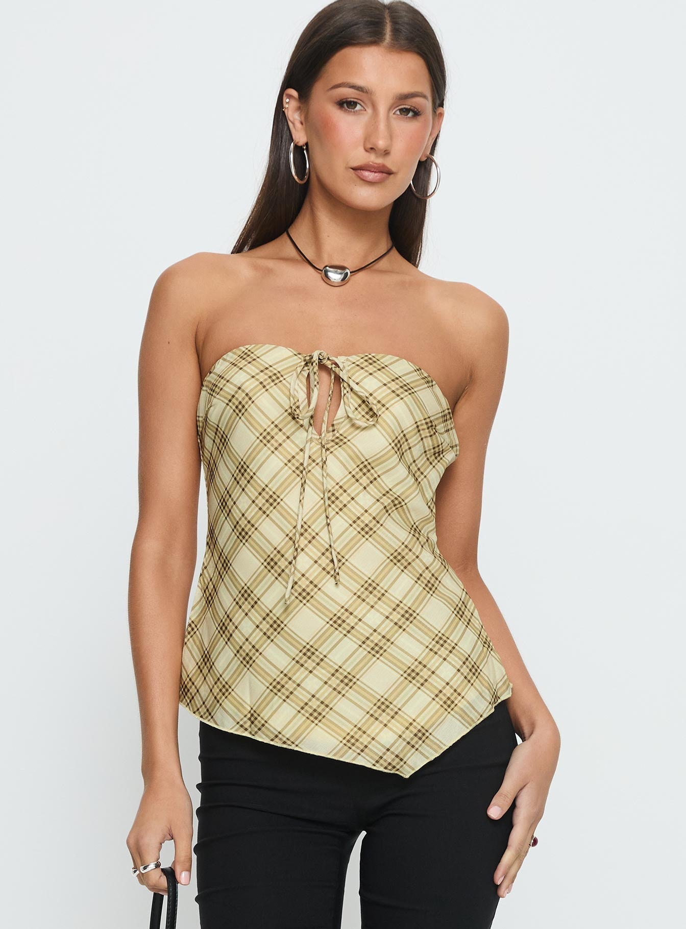 I Wonder Strapless Cut Out Top Yellow Check