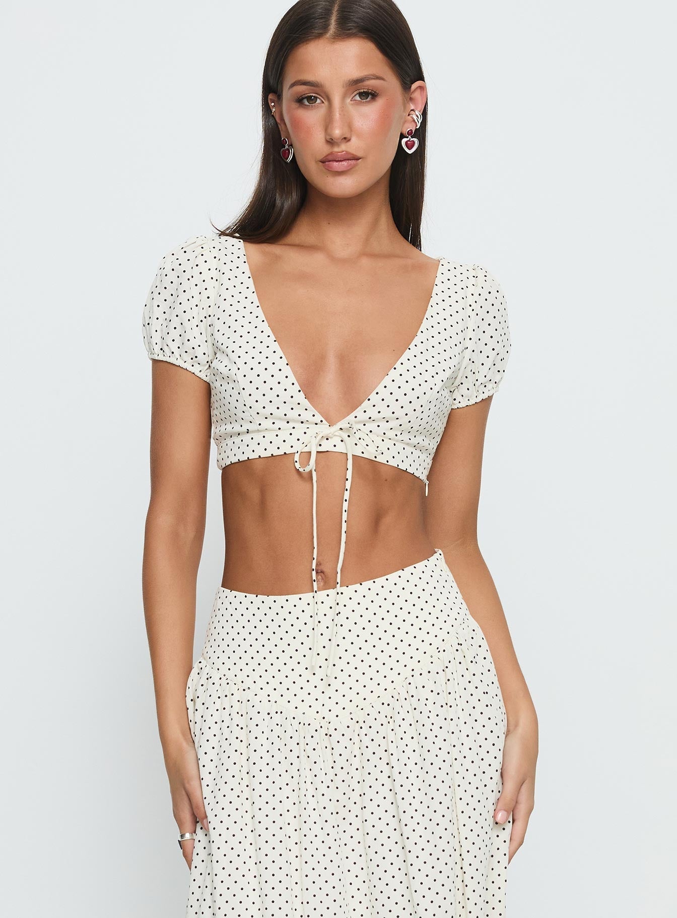 Alletta Tie Up Micro Crop Top Cream Polka