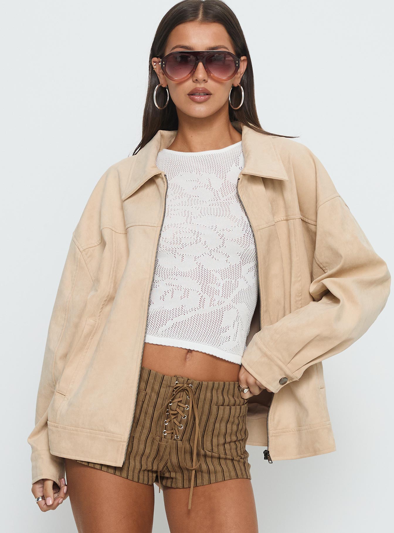 Goldsmith Faux Suede Bomber Jacket Beige