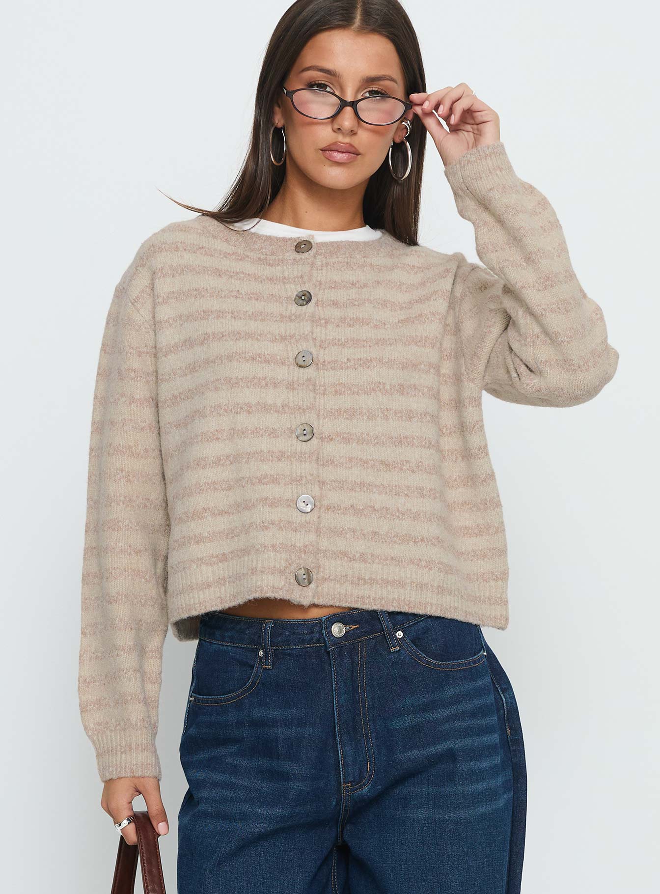 front view of model wearing Princess Polly Raynna Button Up Cardigan Beige Stripe Cropped Jumpers 