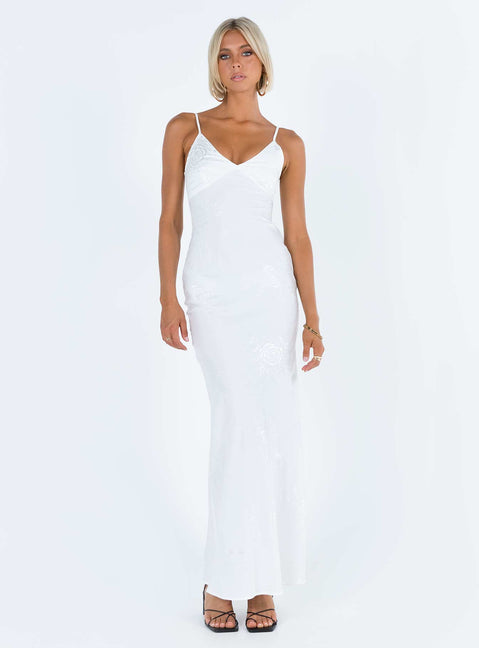 Front view of model wearing  front Princess Polly Crew Neck  Isbell Satin Maxi Dress White
